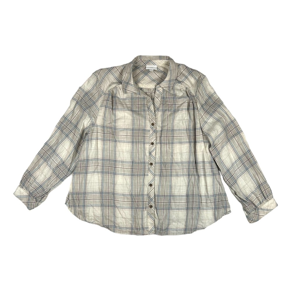 J Jill Womens 2X Shirred Plaid Shirt Long Sleeve Oversized Cotton Modal Flannel